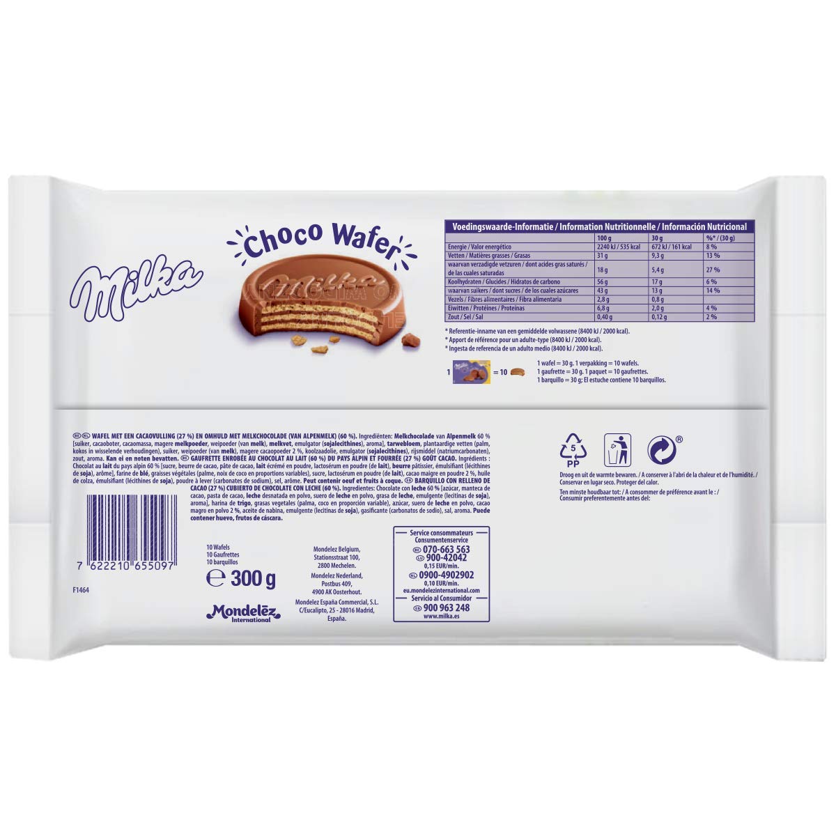 Milka Choco Wafer Galleta Barquillo con Relleno de Cacao y Cubierto de Chocolate con Leche de los Alpes, Pack Familiar 300 g