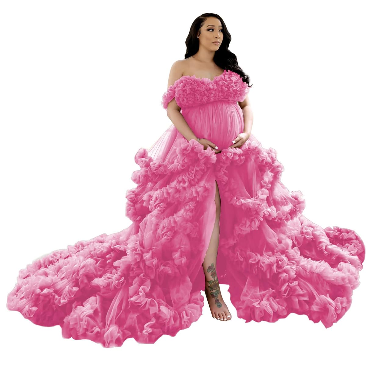 Aherkll Women's Hot Pink Puffy Tulle Robe For Maternity Photoshoot Ruffles V Neck Illusion Bridal Lingerie Bathgown Baby Shower Dress Zm007 Uk30