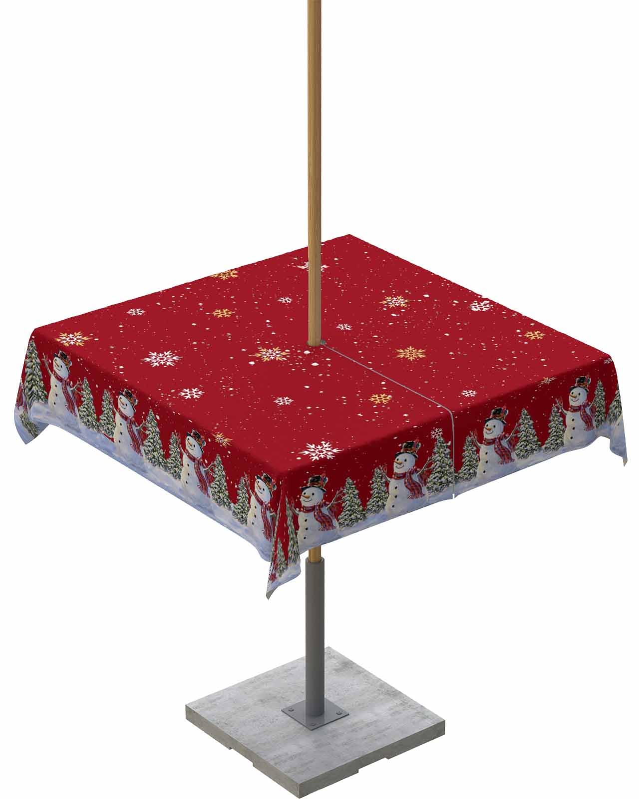 Christmas Snowman Outdoor Tablecloths with Umbrella Hole and Zipper, Red Xmas Gold Snowflake Tree Waterproof/Stain Resistant Square Table Cloth 54x54 Patio Table Cover for Picnic/Party Baby Shower