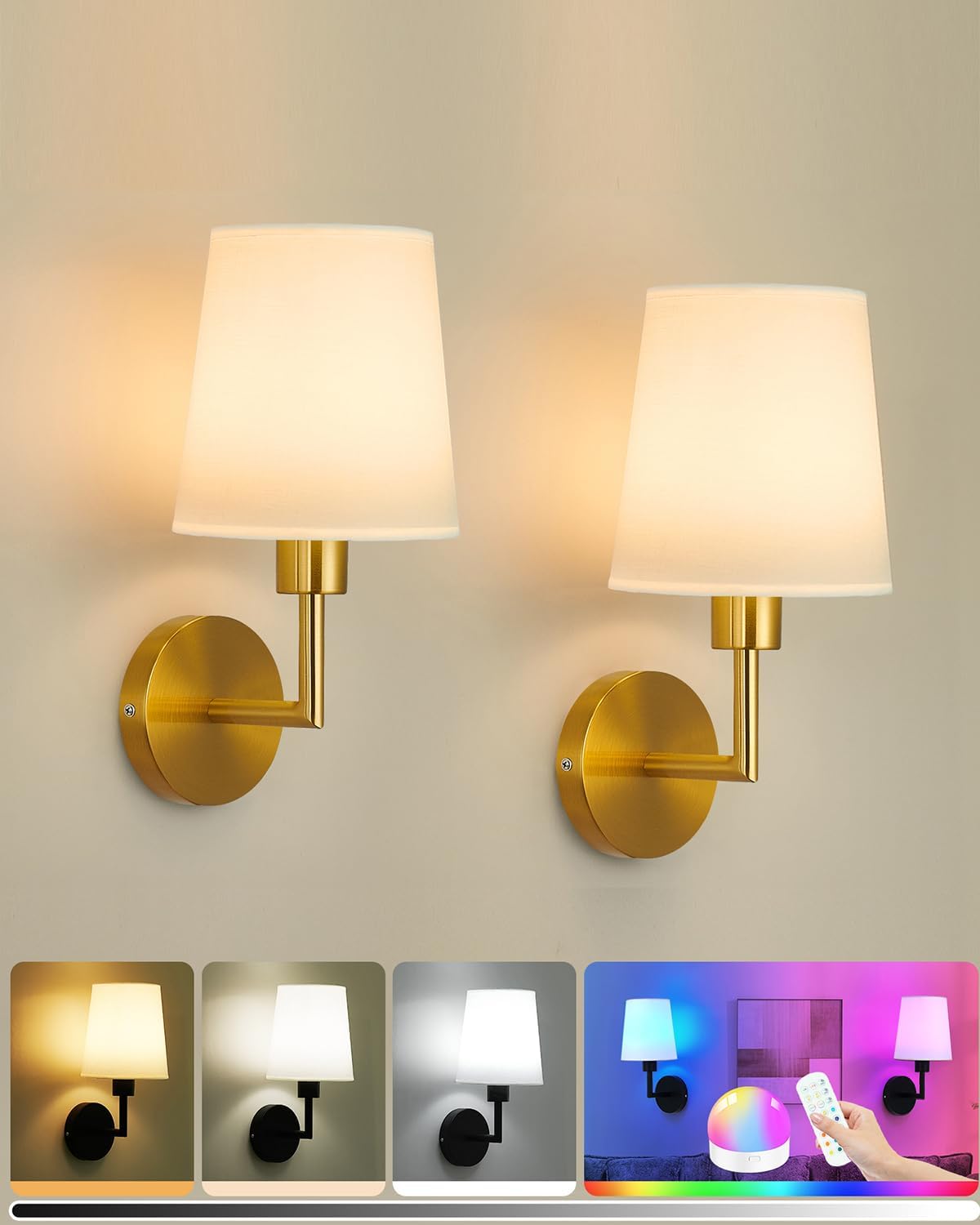 Battery Operated Wall Sconce Set of 2, Rechargeable Wall Light with 10000mAh RGB Dimmable Magnetic Bulbs and Remote, 15 Color Wall Lamps for Bedroom (Gold)