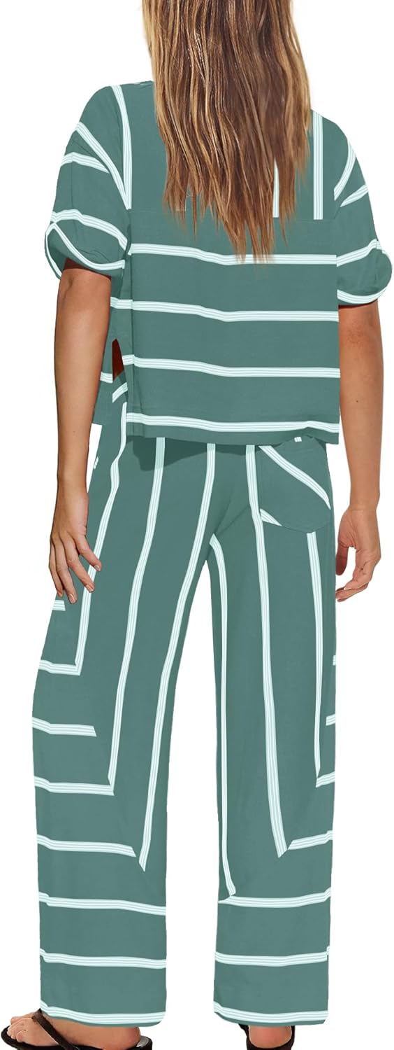 Panadila Womens Striped Lounge Set 2 Piece Summer Travel Vacation Sets Short Sleeve Tops and Wide Leg Pants with Pockets