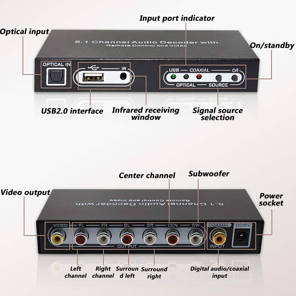 Décodeur Audio, convertisseur numérique-analogique, Compatible avec Fibre Optique, coaxial, canaux 5.1, USB, équipement Audio AC3 DTS Décodeur de Son Surround numérique, Prend en c