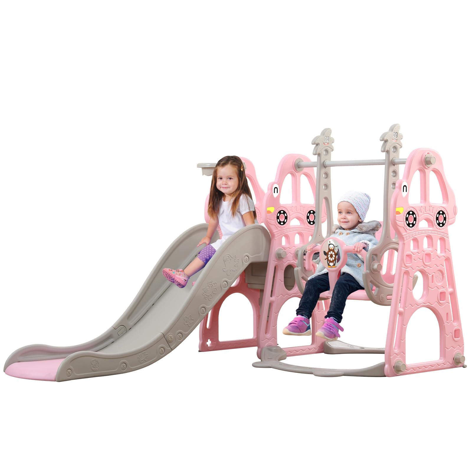 Toddler Slide and Swing, 4 in 1 Baby Slide Climbing Game with Swing, Climbing Slide and Basketball, Kids Slides for Indoor and Outdoor (Classic+Pink)