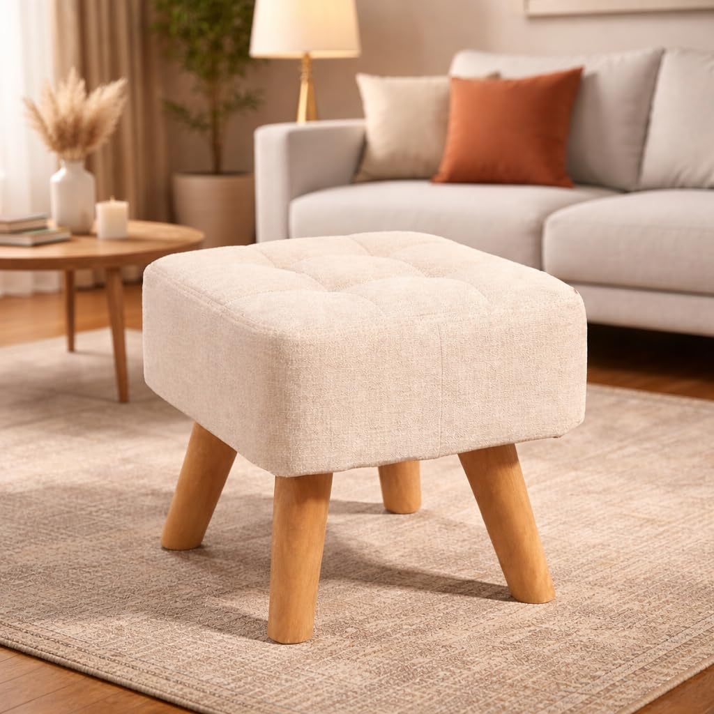 Premium Velvet Ottoman Foot Stool | Solid Wood Legs | Small Puffy Foot Rest for Living Room, Bedroom & Makeup Table | Modern Home Décor-image-26