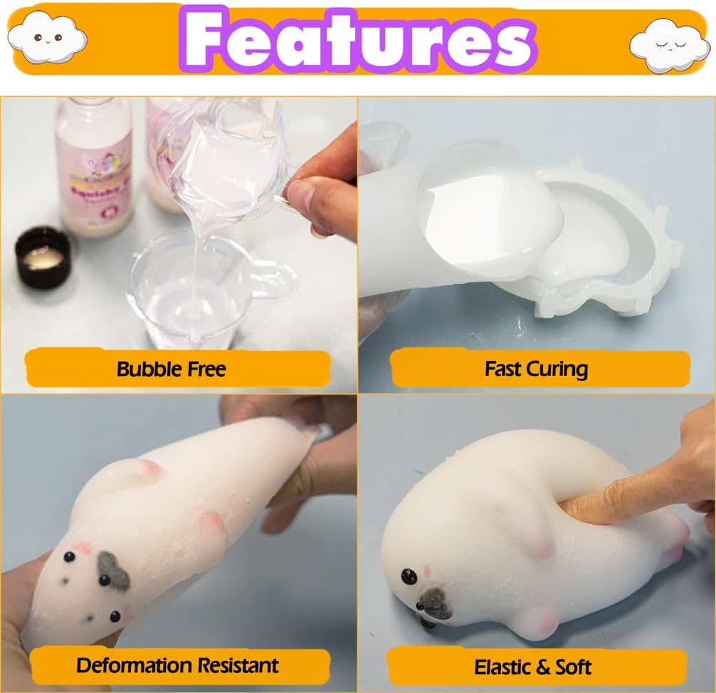 Taba Squishy Kit Big Seal Silicone Mold 6''+Liquid Gel+Flocking Cute Animal Making Set
