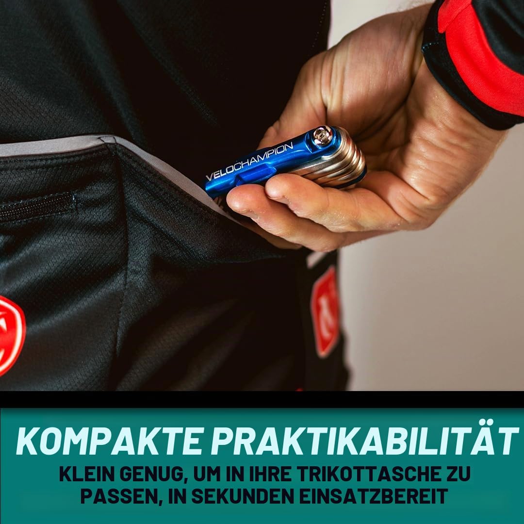 VeloChampion Fahrrad-Multitool 14in1 kompaktes Fahrradreparaturset | Inbus-Schlüssel, Speichenschlüssel, Schraubendreher, Reifenheber, Flaschenöffner | Tragbares Fahrradwerkzeug + Aufbewahrungstasche