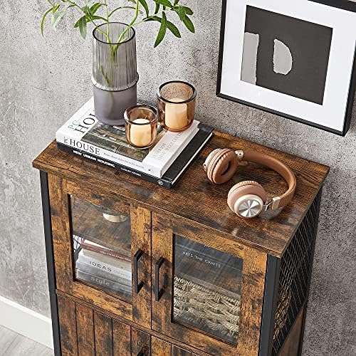 VASAGLE Storage Cabinet, Multipurpose Cupboard, Sideboard, Adjustable Shelf, Bathroom Cabinet, Steel Frame, for Living Room Kitchen, Industrial Style, Rustic Brown and Black LSC260B01