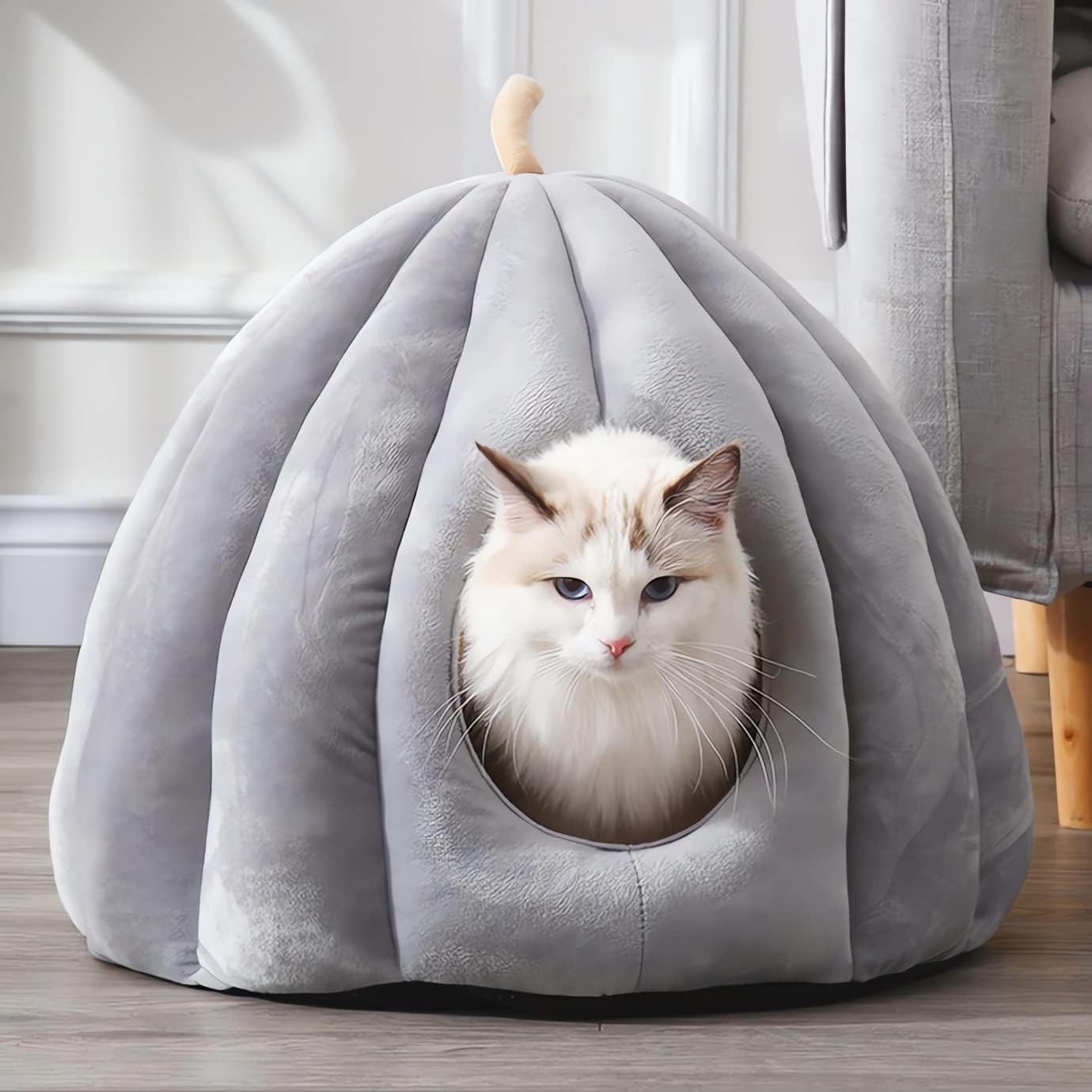 Cat Bed Cute Pumpkin Style Cat House Cat Cave Cat Beds for Indoor Cats Dog Bed Hut (L, Gray)