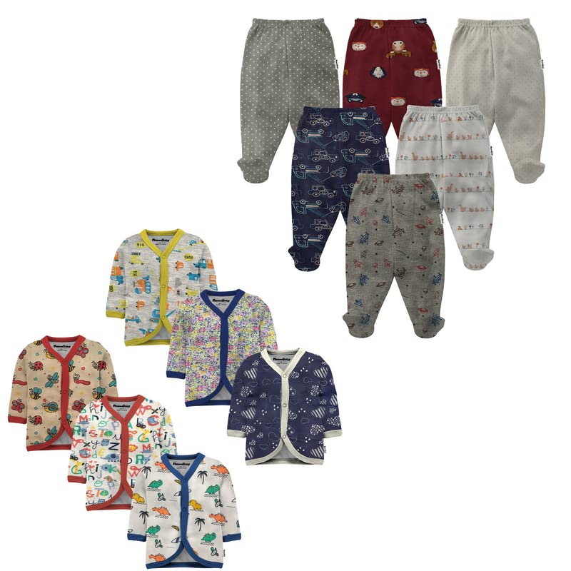 Image of NammaBaby New Born Baby Combo Set Cotton Front Open Full Sleeves Vest- Tshirt Jhabla (6PC) and Unisex Kid's Pajama with Booties (6PC)- Perfect for Your Infants with Cutely Print (12 Pieces)