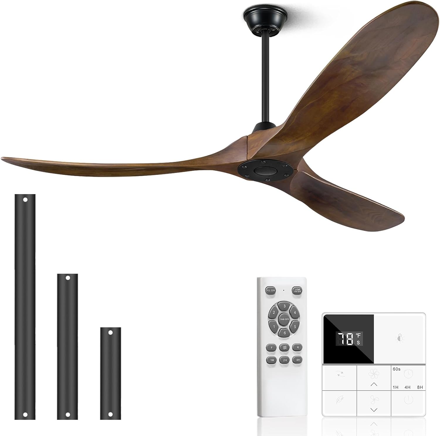 52 inch Outdoor Ceiling Fans without Lights and Remote Control, 3 Blade Ceiling Fan No Lights High CFM Quiet Wood Walnut Outdoor Fan, Propeller Ceiling Fan for Outdoor/Indoor/Patio, Dark Walnut