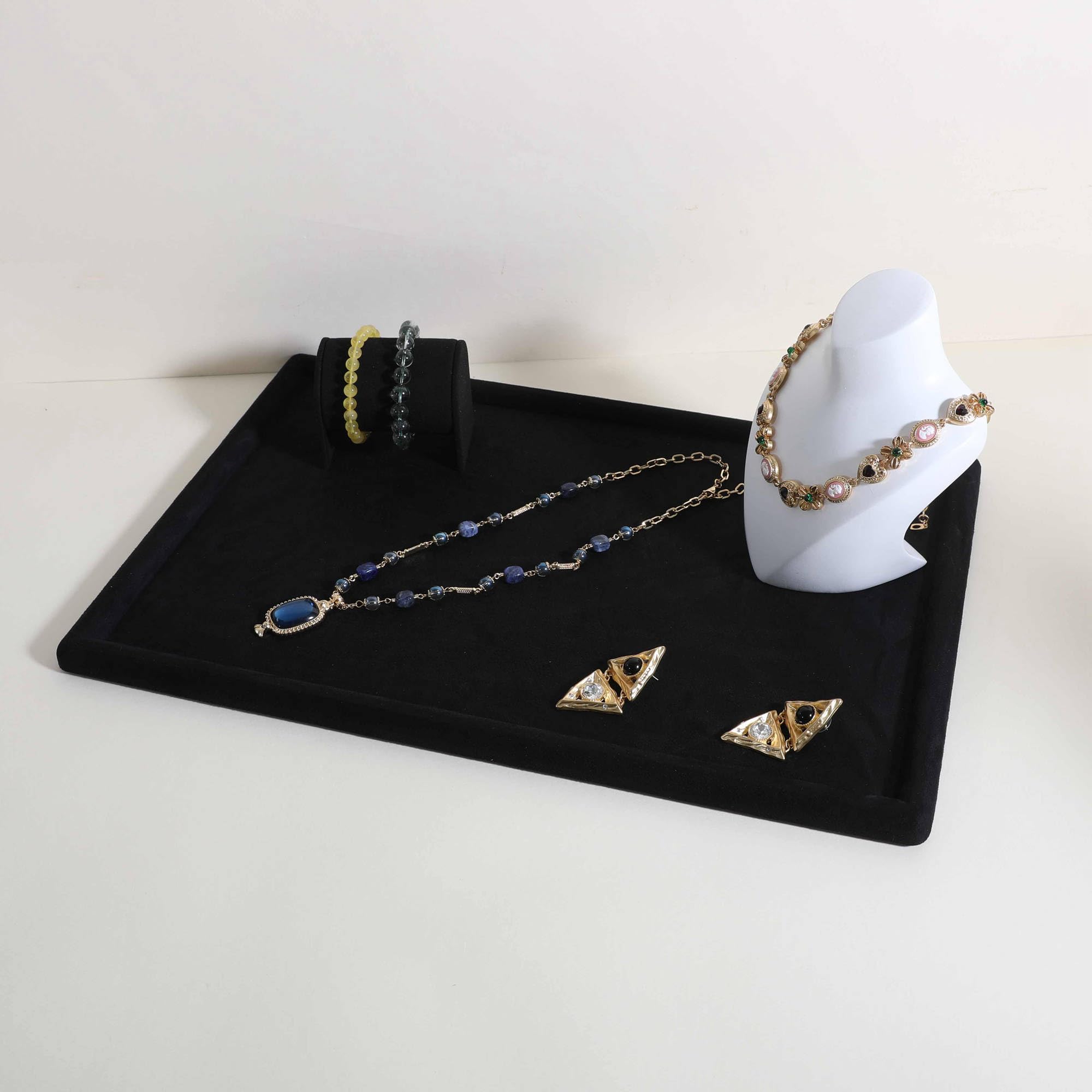Gemehou Sammet-Schmuck-Ausstellungsteller, Top-Mikrofaserschmuck-Lagerorganisatorplatte, Leerer Schmuckvitrinensteller für Halskette, Armband, Ring, Ohrring, Uhr (Schwarz - Groß)