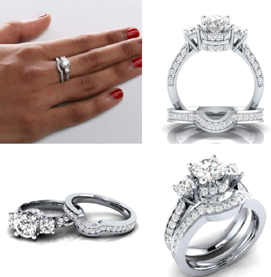 MAIHAO 2-in-1 Womens 925 Silver White Sapphire Ring Set Wedding Engagement Propose Engagement Ring Set Jewelry Size 6-10