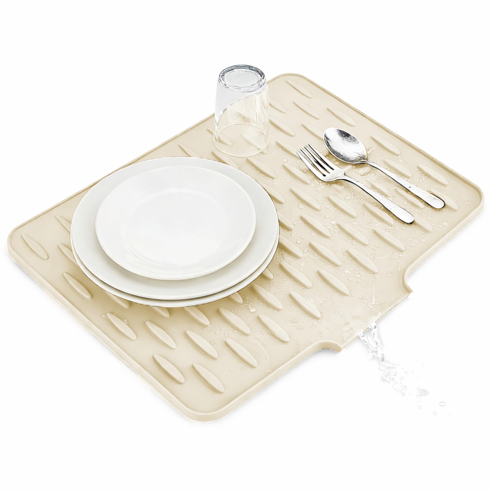 SOQKEEN Silicone Dish Drying Mat, Sloped Drainage 40 x 32 cm, Cream White