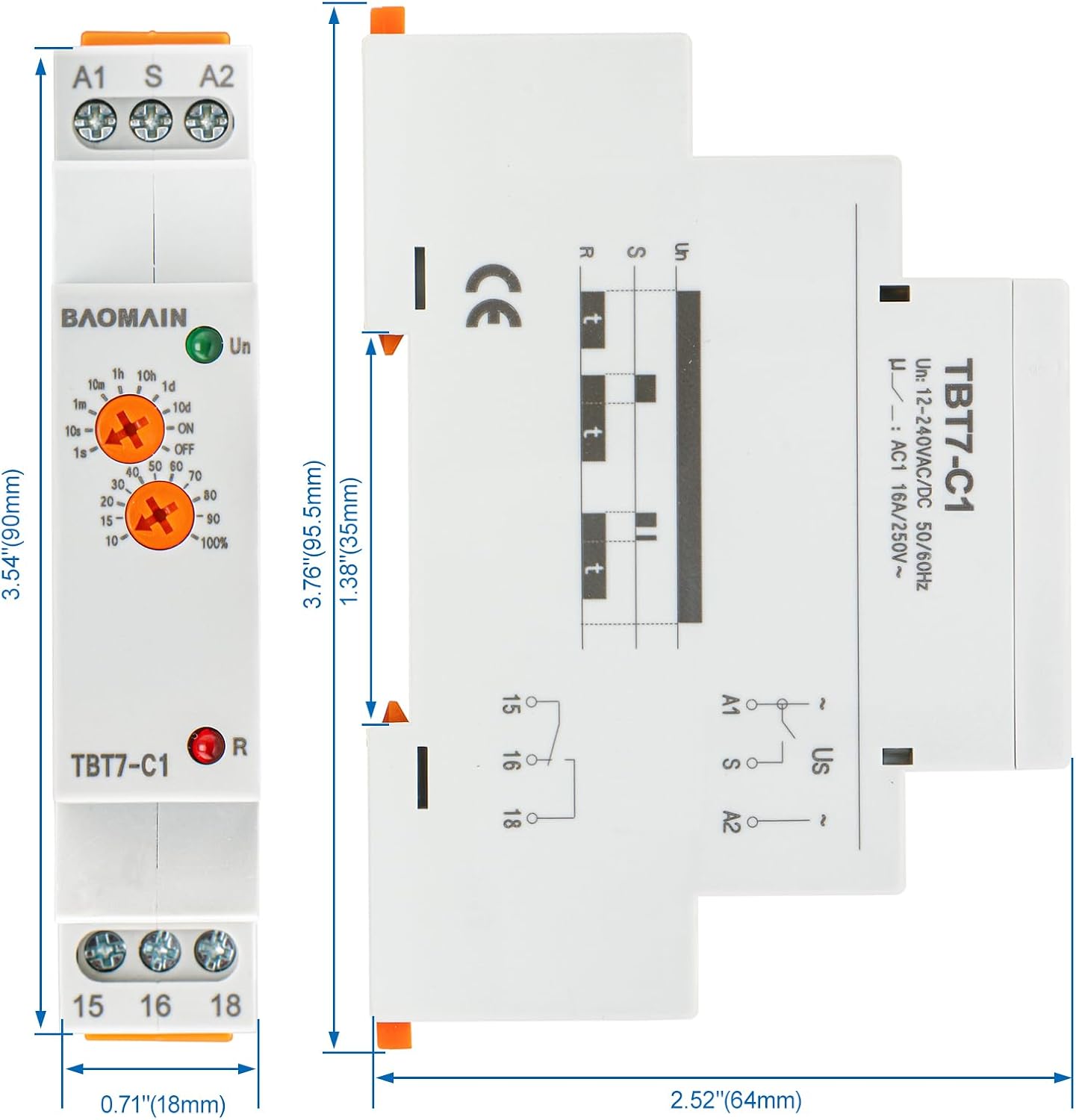 BAOMAIN Delay Off Timer Relay 16A 1-SPDT 12-240V AC/DC TBT7-C1 | 1-SPDT 1NO 1NC 0.1s-10 Days Range Adjustable Time Relay DIN Rail Mount,for Post-Shutdown Fan Cooling & Pump Circulation