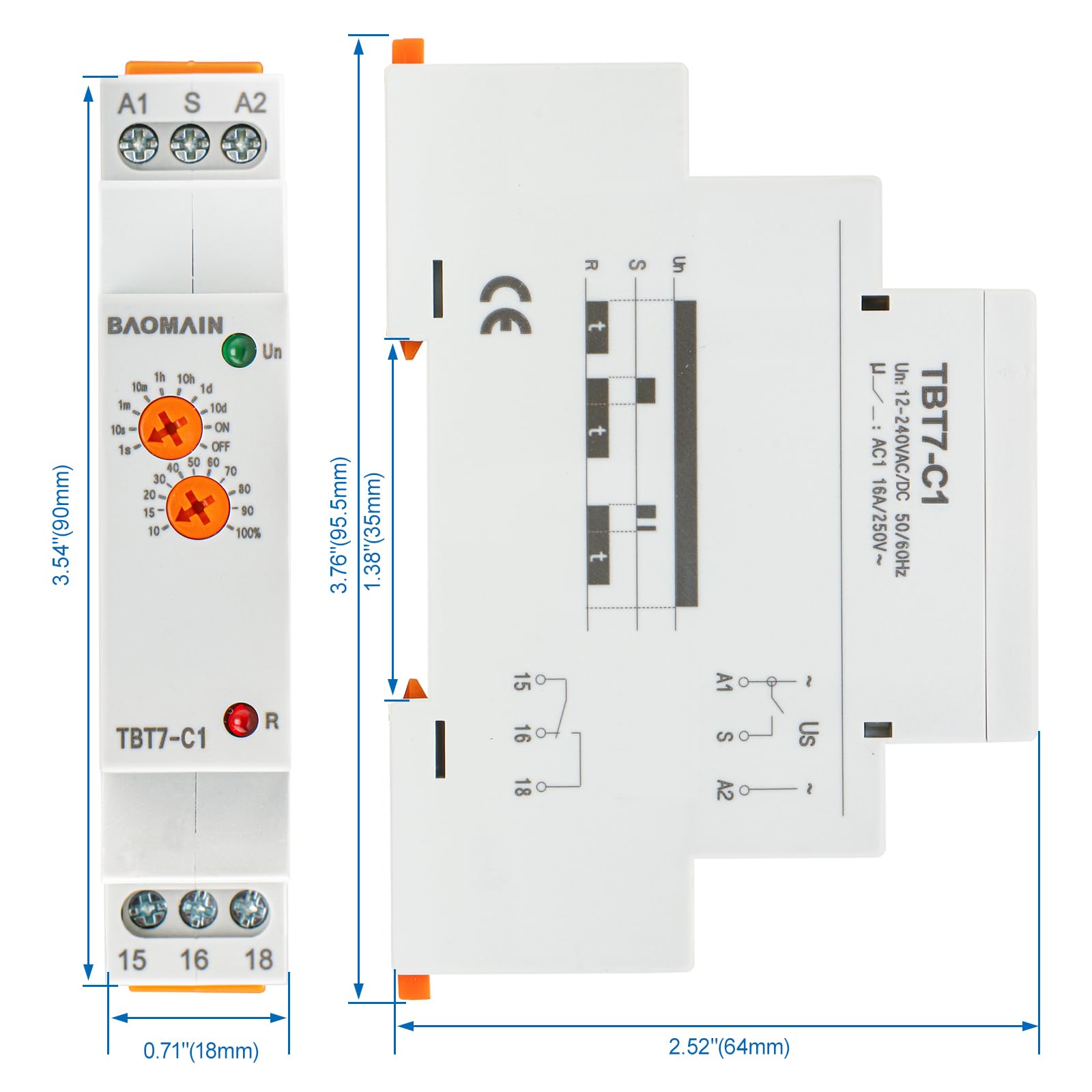 BAOMAIN Relais Temporisé de Retard à l'Arrêt TBT7-C1, 12V-240V AC/DC 16A, Temporisateur Multifonctionnel 1 SPDT, Montage sur Rail DIN 35mm, Minuterie de Coupure de Sécurité Industrielle