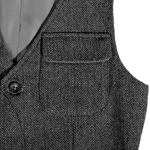 Image of Boys Retro Tweed Vest for Kids Classic Casual Waistcoat | vintage herringbone, toddler little kids vests, flap pocket, sleeveless, slim fit, wedding outfit, christmas birthday party