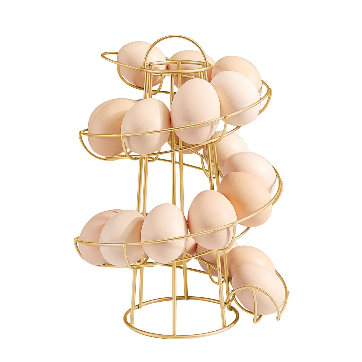 Flexzion Spiral Egg Rack for Fresh Eggs (Medium Egg Display) - Modern Egg Skelter Freestanding Wired Countertop Egg Holder for Fresh Eggs, Dispenser Stand, Storage Rack for Kitchen, Gold