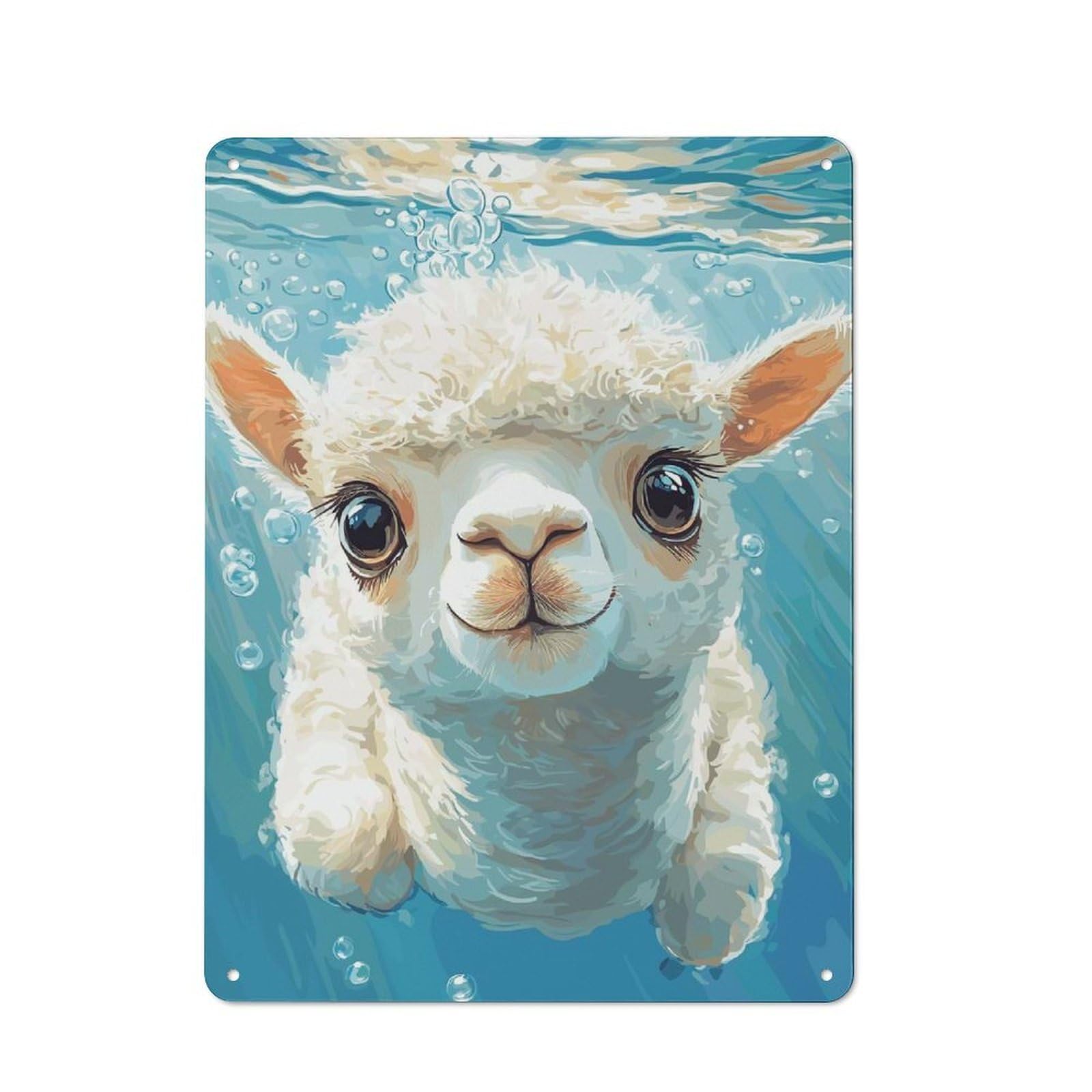 Junmoney Style-19 Tin Wall Plaque 40X30cm With Cute Alpaca Swimming Underwater For Guest Room Or Hallway, A Decorative Christmas Gift For Home Decor Collectors