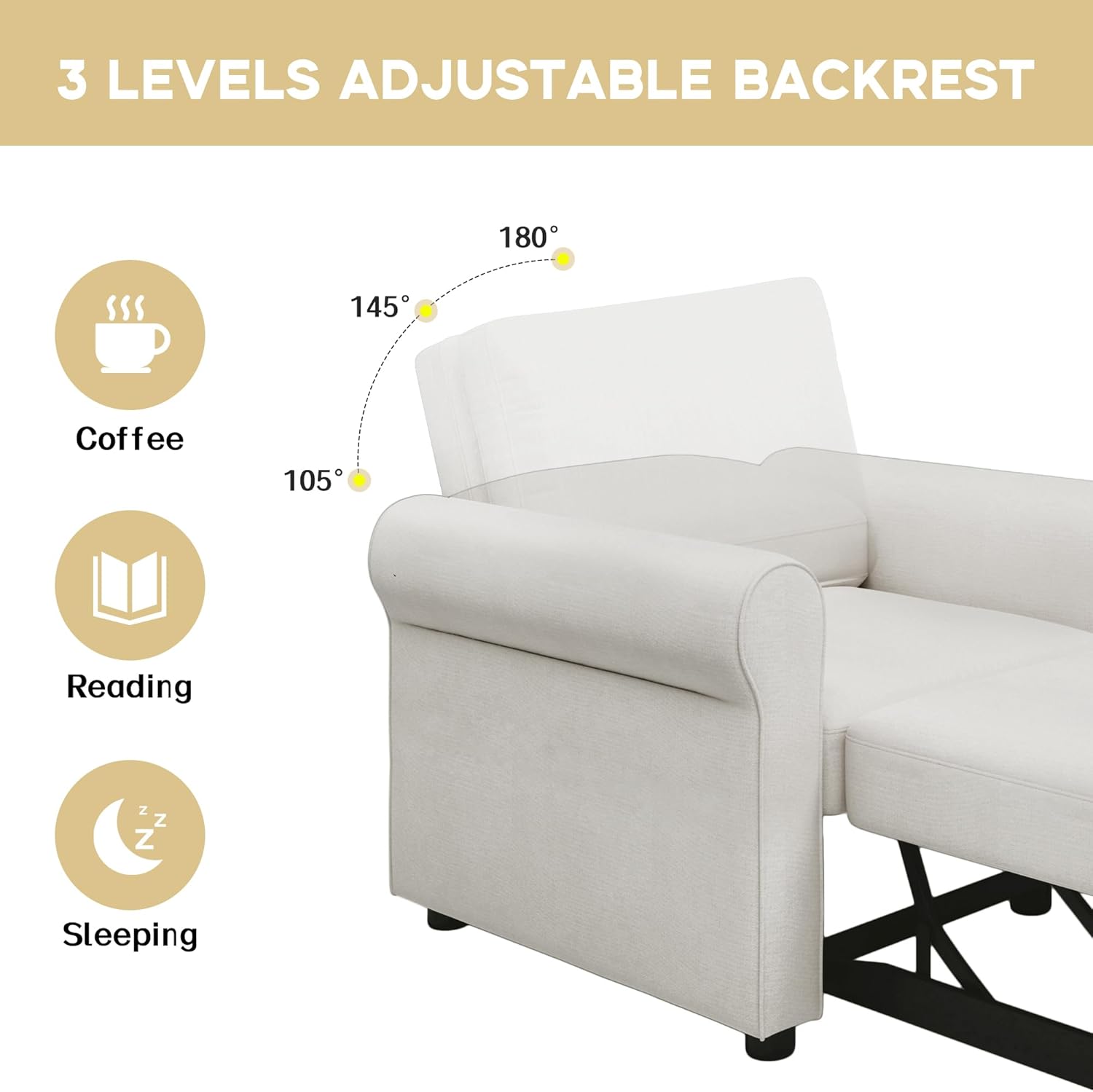 Image illustrating the 3 levels of adjustable backrest for the Polibi Sofa Bed Chair.
