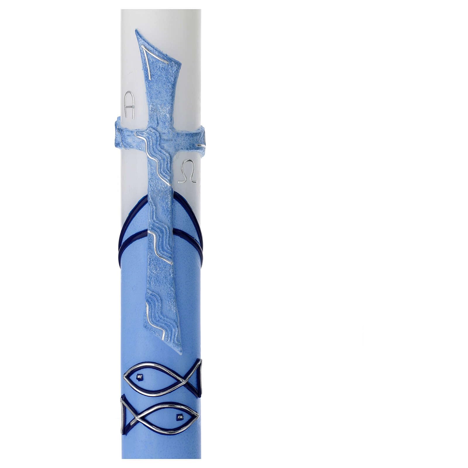 Large Candle for Baptism, Light Blue, Embossed Cross, 400x40 mm
