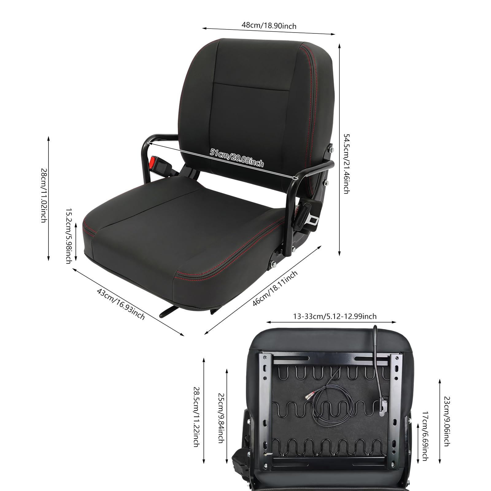 Asiento universal ajustable para carretilla elevadora, asiento de cortacésped, asiento de tractor | Asiento con respaldo ajustable y cinturón de seguridad para excavadora skid loader excavadora Dozer Telehandler