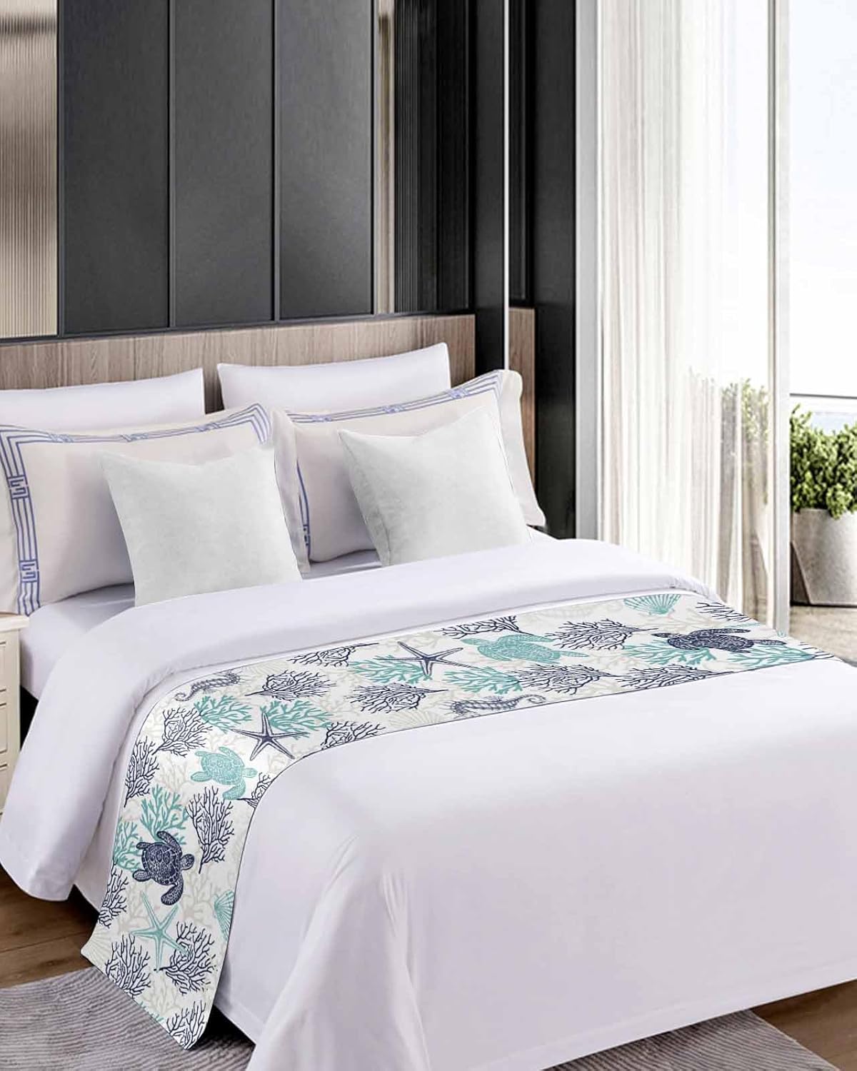 Teal Blue Coastal Bed Runner for Cal.King Bed, Bedspread Protector Slipcover Bed Scarf for Foot Bed Runners & Scarves for Bedroom Hotel Wedding Room 94x20 Inches Sea Turtle Nautical Coral Summer Beach