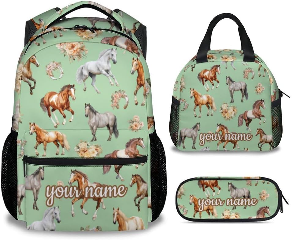 Custom Kids Backpack with Lunch Box, Set of 3 Horse School Backpacks Matching Combo for Girls, Aesthetic Green Bookbag and Pencil Case Bundle