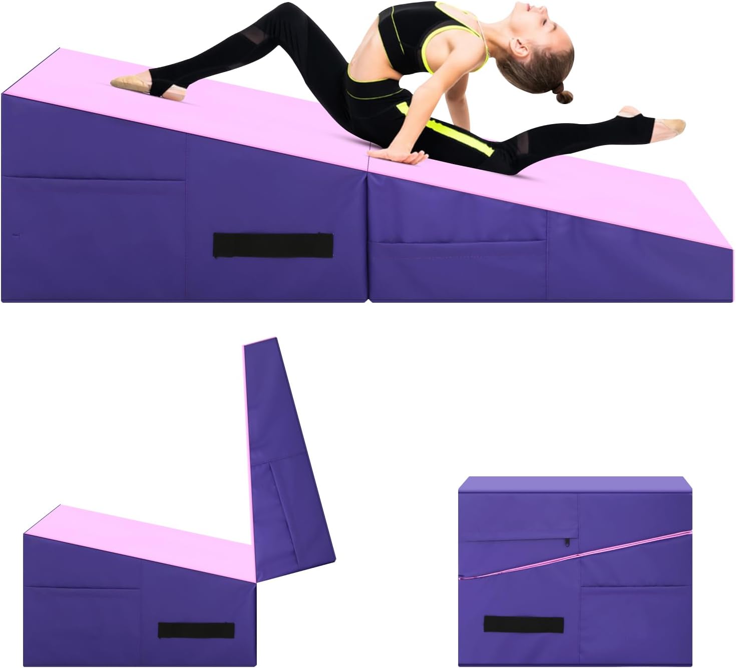 Gymnastics Mat Incline Tumbling Mats—Indoor/Outdoor Folding Cheese Wedge Mat with Non-Slip Surface & Handles for Kids Girls Home Training Exercise
