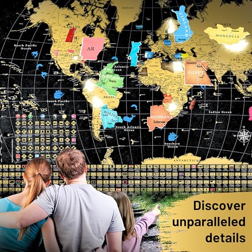 OVANTO Scratch Off World Map + USA Map – 17x24” Wall Travel Posters with 196 Flags, Gold Foil, Pins & Accessories – Premium Gift Box for Travelers, Couples, Home or Office Decor