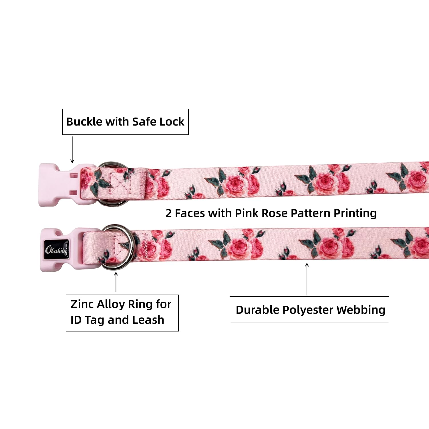 Olahibi Dog Collar and Leash Set, Cute Rose Pattern, Polyester Material, 5ft Leash, for Large Dogs.(L,Pink Rose) - Image 4