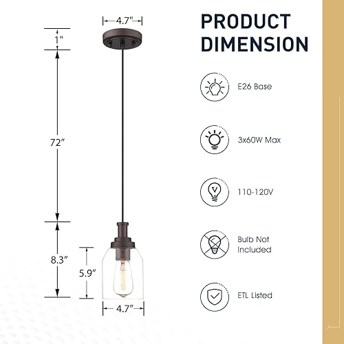 Miniatura 6 de zeyu ZG33M1L ORB - Lámpara colgante de granja de 1 luz, moderna iluminación colgante con pantalla de vidrio transparente, acabado de bronce aceitado