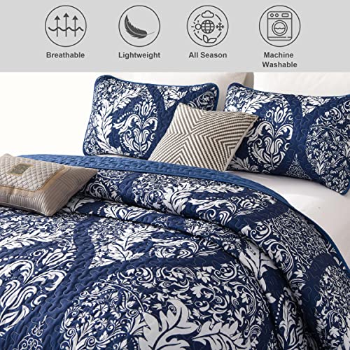 Navy Quilt Set King Size, Boho Damask Bedspread Coverlet Set Soft Lightweight Luxury Classical Bedding Set 3 Pieces For All Season (104"X90") #TOP3