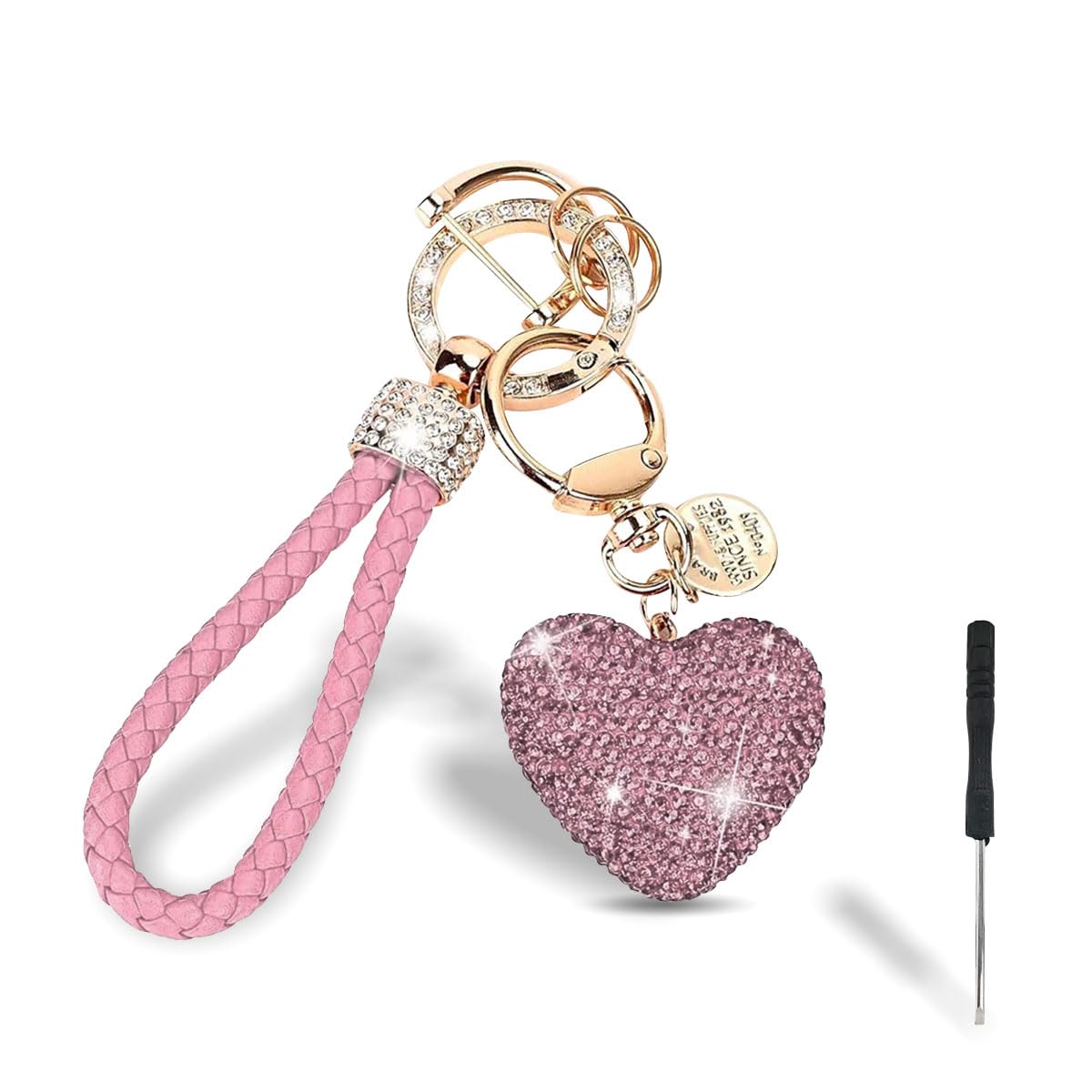 Sparkly Car Key Chain, Rhinestones Heart Shape Key Fob Holder for Women,  Personalized Christmas Valentine's Day Presents (Pink)