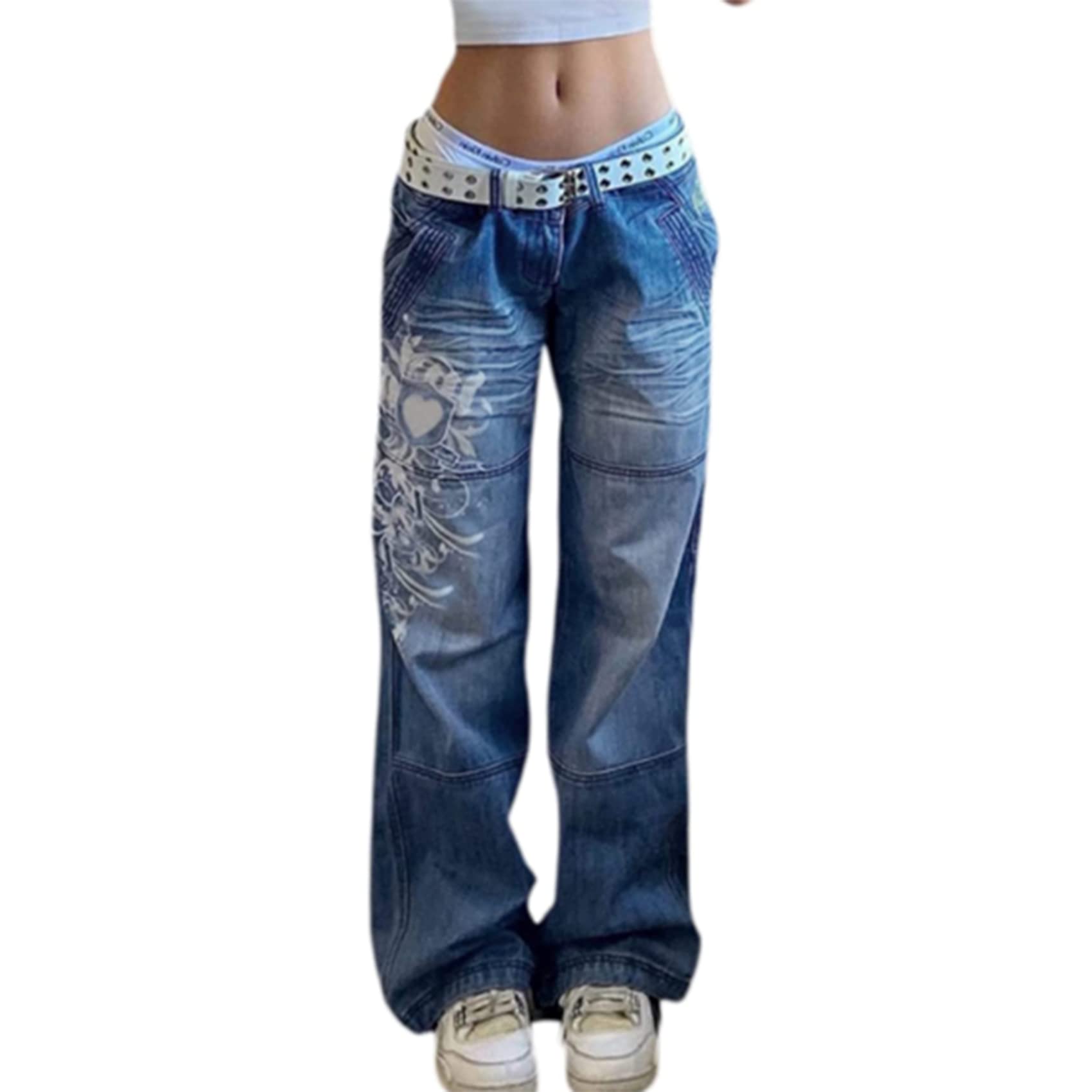NLAVW Damen-Jeans mit niedriger Taille und weitem Bein, Vintage-Print, Baggy-Hose, gerade Jeanshose