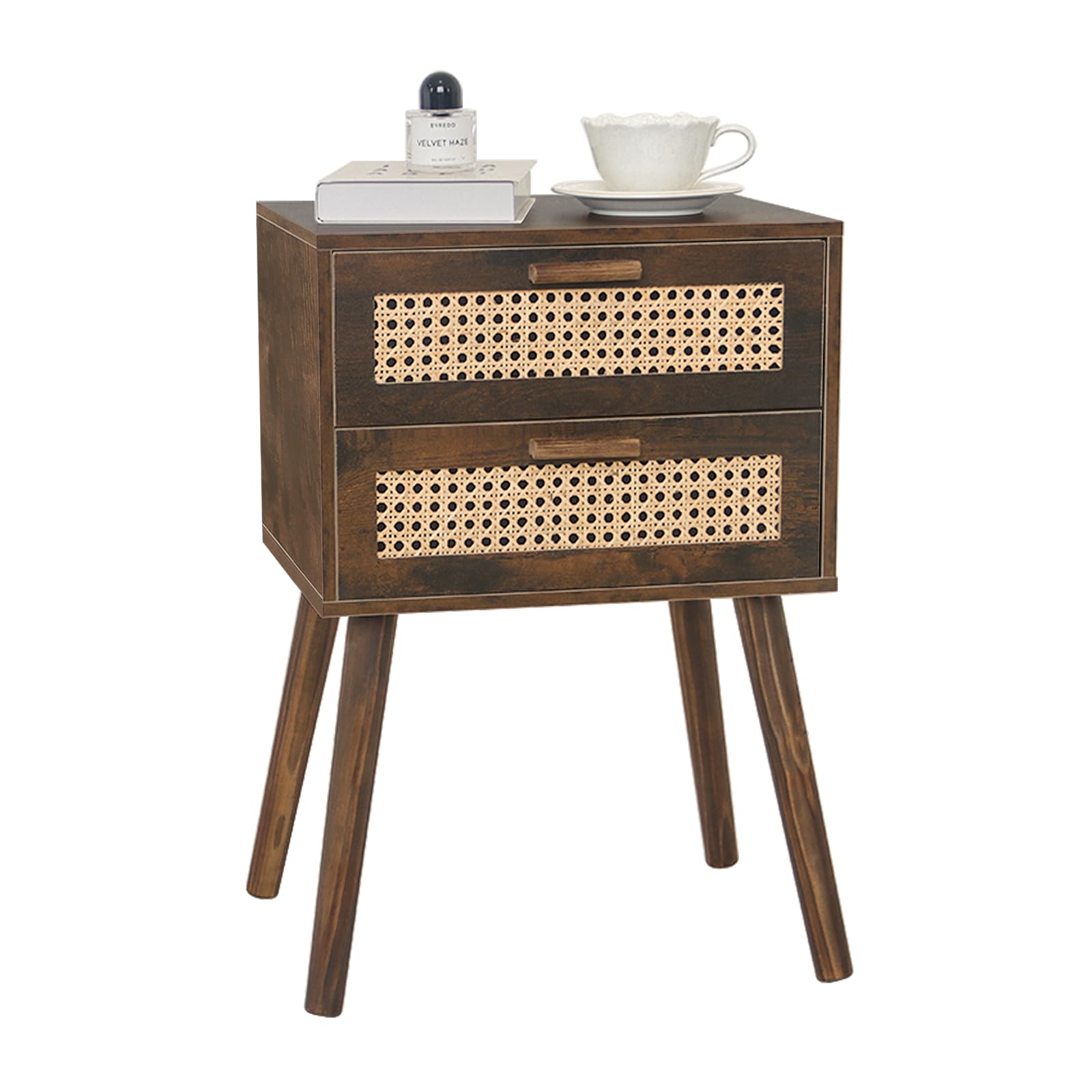 AWASEN Nightstand, Mid-Century Modern 2-Drawer Rattan Bedside Table, Rustic Brown