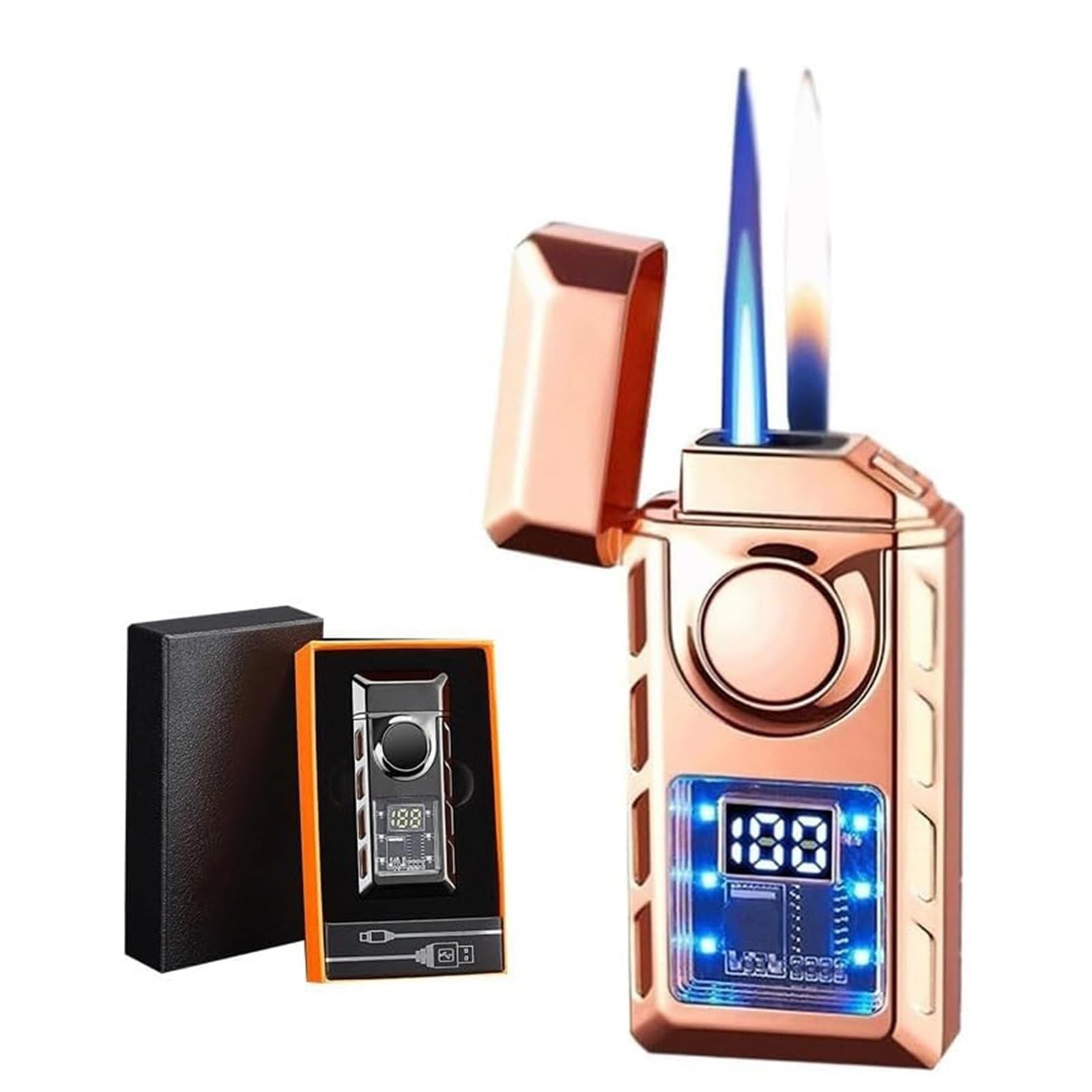 Jcfhqghr Men's B Smart Voice-Activated Dual Flame Lighter, Switchable Flame, Adjustable And Refillable, Visible Air Chamber, Gift For And Wo(B)