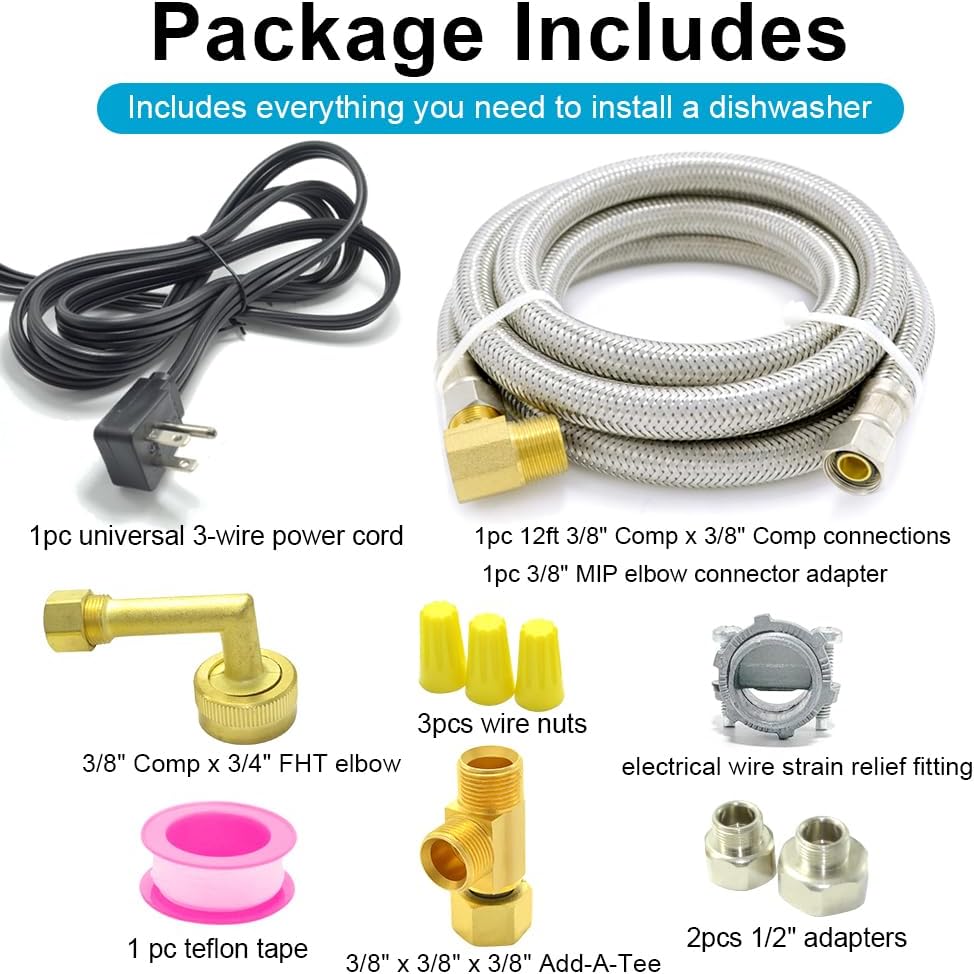 Universal Dishwasher Installation Kit,12 Ft Stainless Steel Dishwasher Hose,Burst Proof Water Supply Line with 3/8" Compression Connections 12FT image 5 of 6 B0C9DDRK95