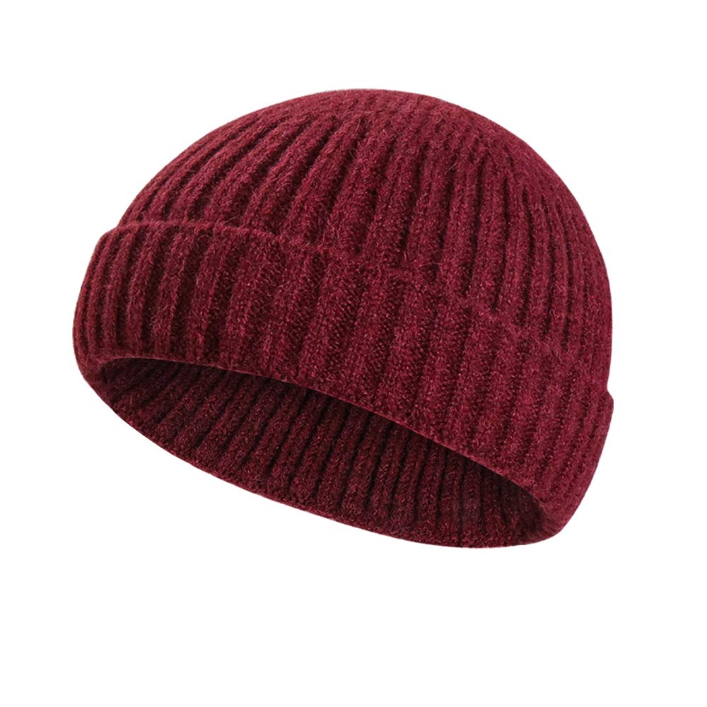 Samserot Winter Wool Knit Trawler Beanie Hat Short Fisherman Skullcap Knit Beanie Cap for Men/Women Wine Red