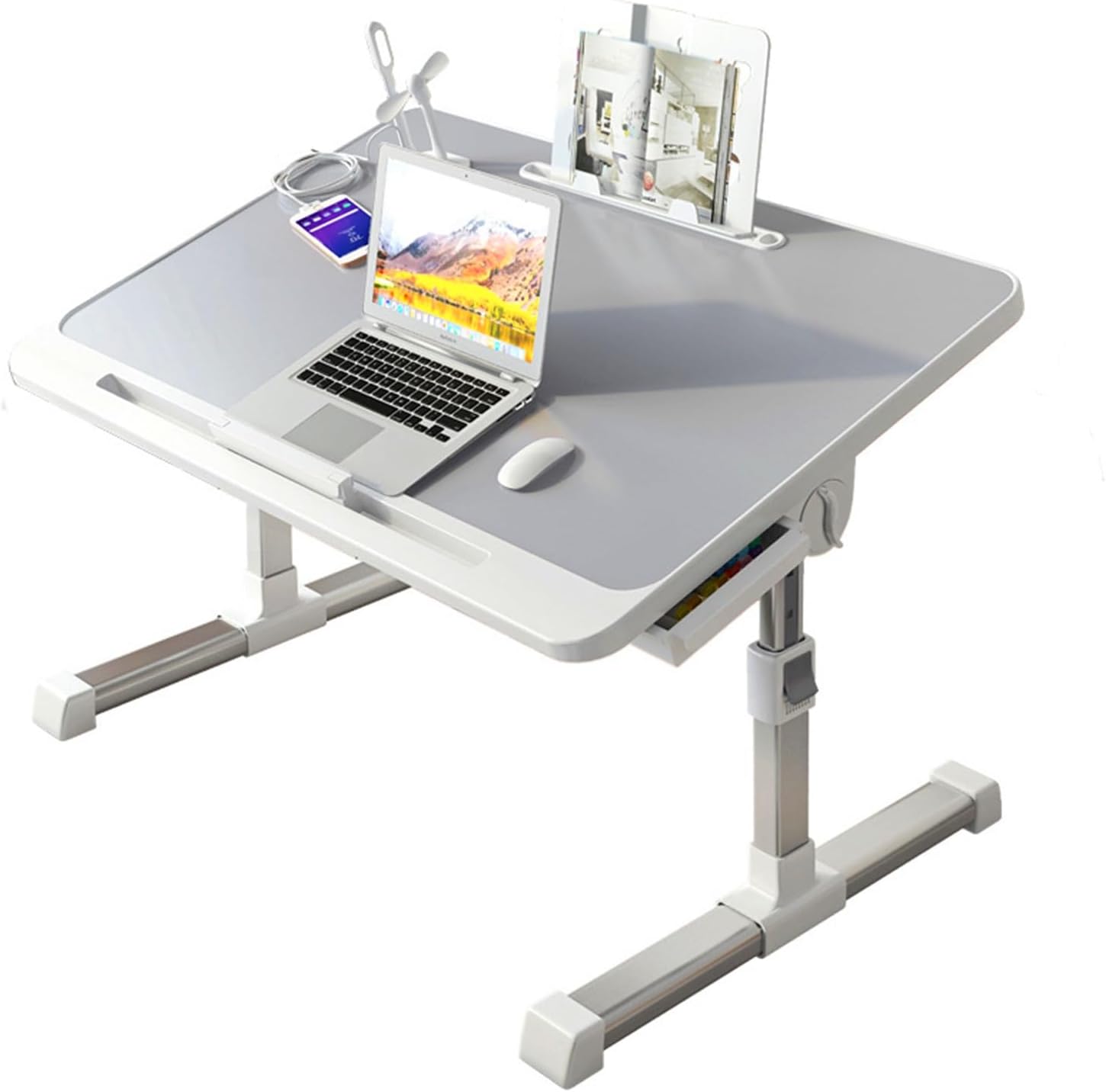 Foldable Laptop Table for Bed, Folding TV Tray Table, Breakfast Serving Bed Tray, Portable Coffee Table Picnic Table Side Table, Adjustable USB Computer Desk, Grey