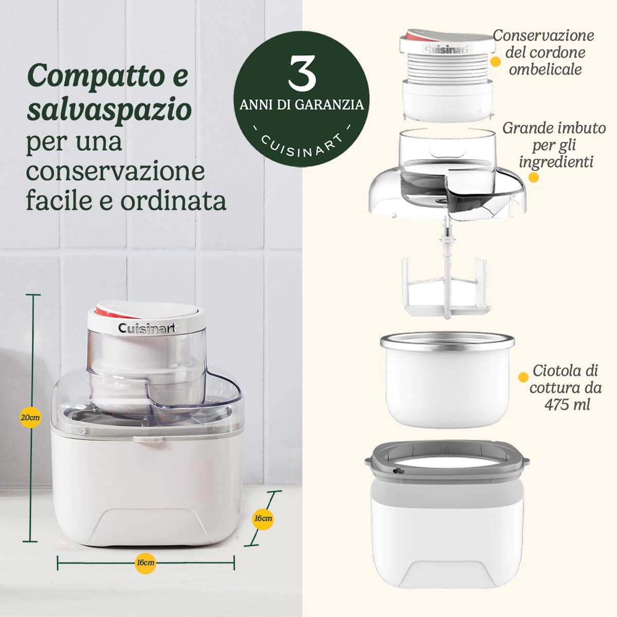 Cuisinart Solo Scoops Gelatiera | Macchina per Gelato Fatta in Casa in 25 minuti | Sorbettiera | Macchina per Yogurt Gelato| Compatto, salvaspazio | Vaschetta di pre-congelamento 475ml (Nuovo)