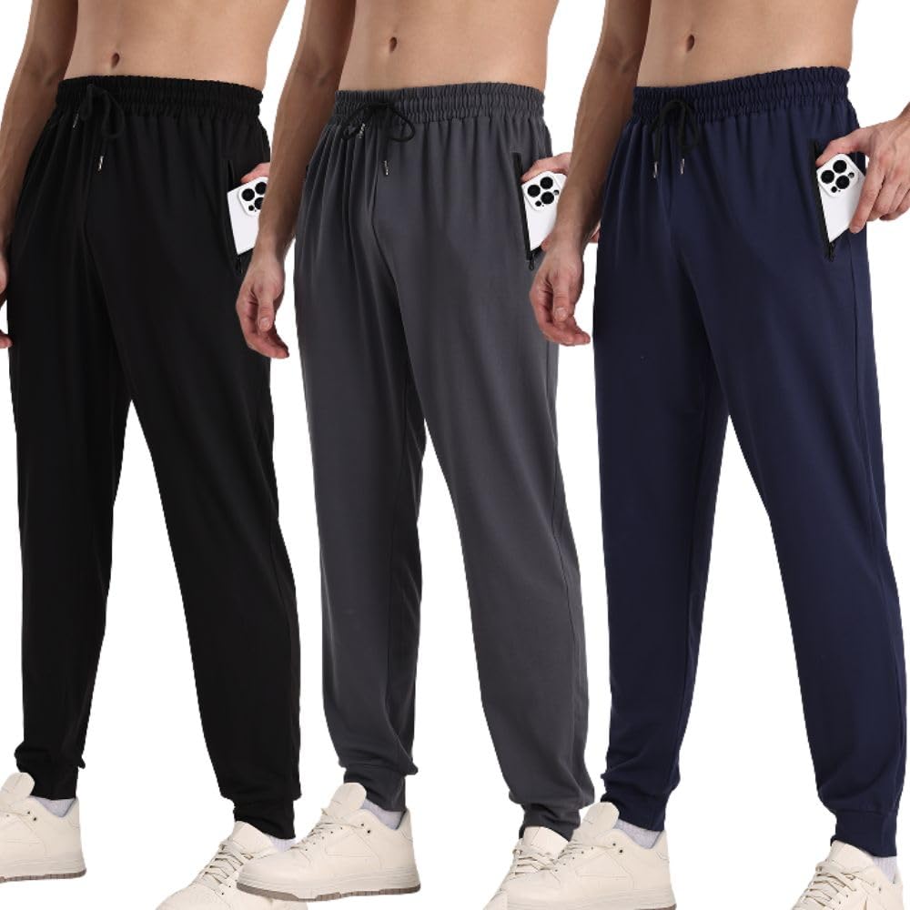 Pack de 3 pantalones de chándal atléticos para hombre, con bolsillos con cremallera, para correr y hacer ejercicio