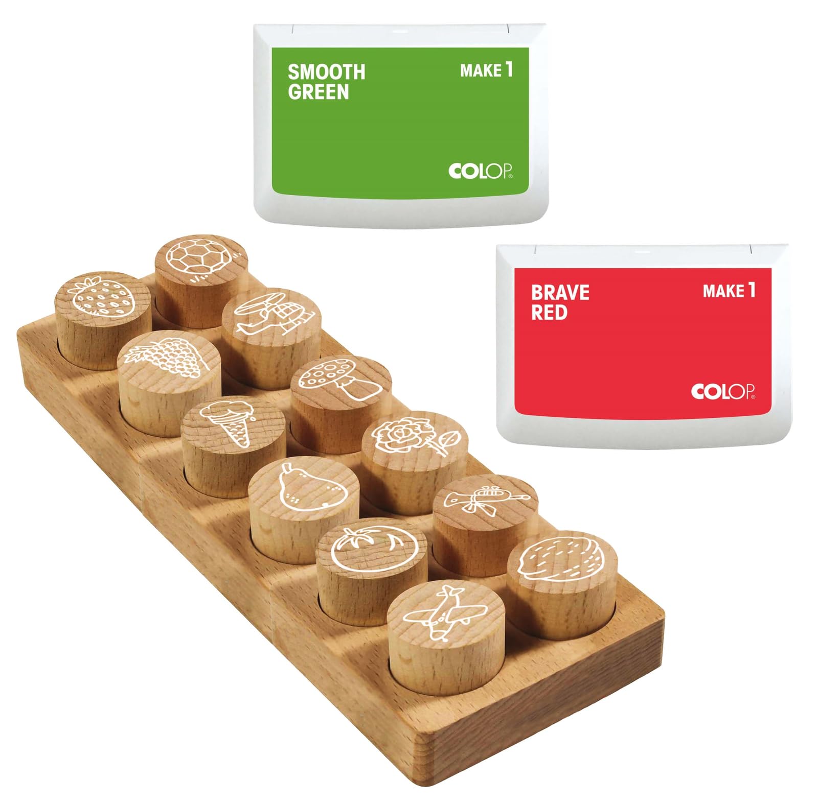 COLOP Woodies set di timbri in legno "Mix" con 12 motivi, timbri di riconoscimento e motivazionali in legno di faggio, dimensione: Ø 29 mm, incl. 2 tamponi di inchiostro, rosso e verde, 50 x 90 mm