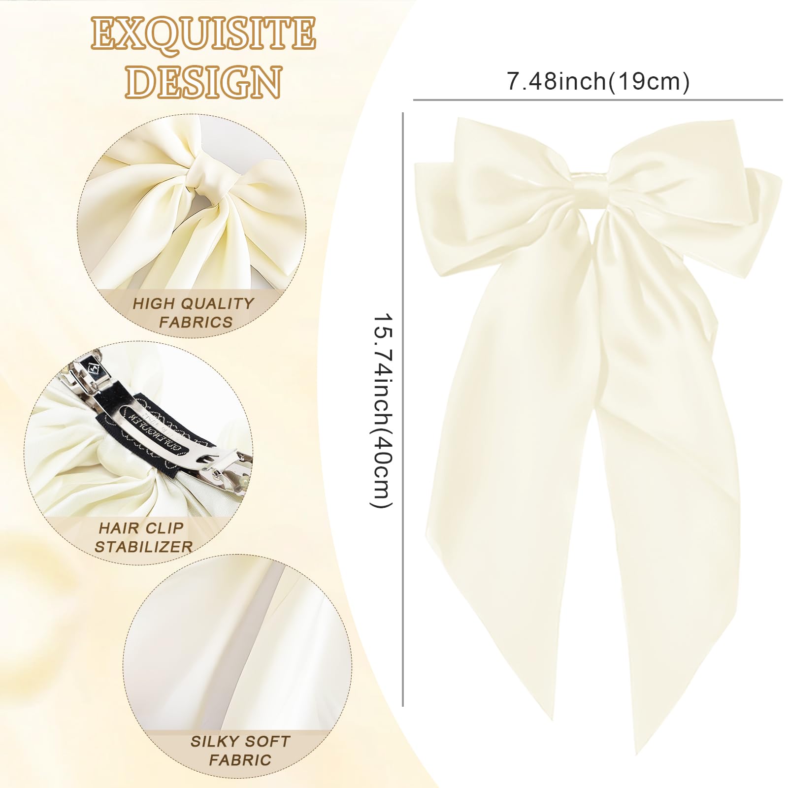 YONEEKSS 3 PCS Large Hair Bows Bowknot Hair Ribbons Clip Hair Barrettes with Long Silky Satin for Women and Girls (Colours: Black - Image 3
