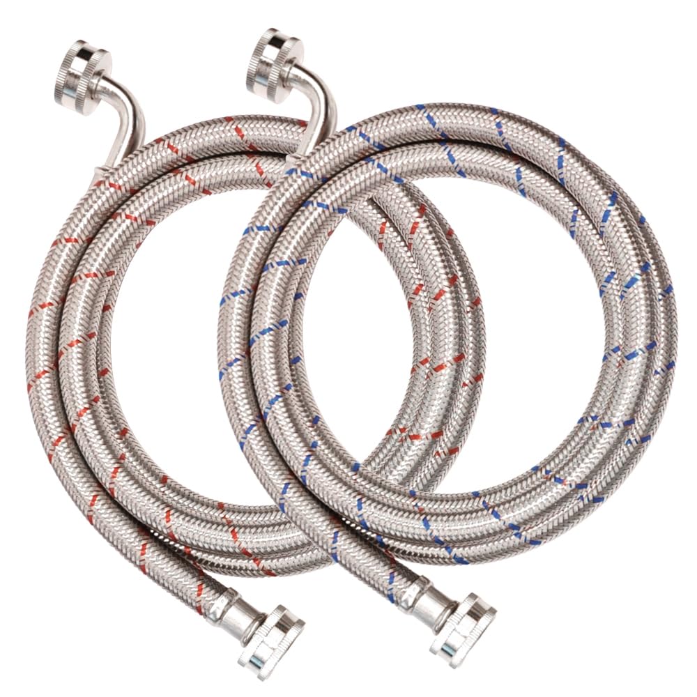 PLUMBINGMASTER 4FT Stainless Steel Washing Machine Hoses,2 Pack Red and Blue Washer Hoses with 90 Degree Elbows,Burst Proof Hot & Cold Water Connection Inlet Washer Supply Lines