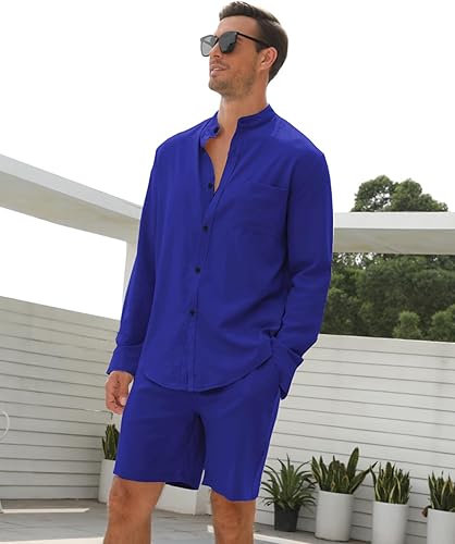 Miniatura 5 de RPOVIG Conjuntos de lino para hombre, conjuntos de verano de 2 piezas, ropa de vacaciones en la playa, camisas casuales de manga larga, pantalones