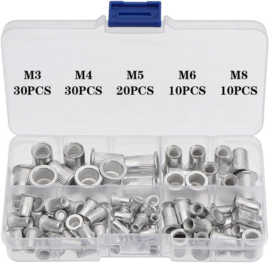 Aluminum Rivet Nut Assortment Kit (100 pcs) – Head Vertical Thread Hollow Rivets Furniture, Appliances & Automotive – 3mm/4mm/5mm/6mm