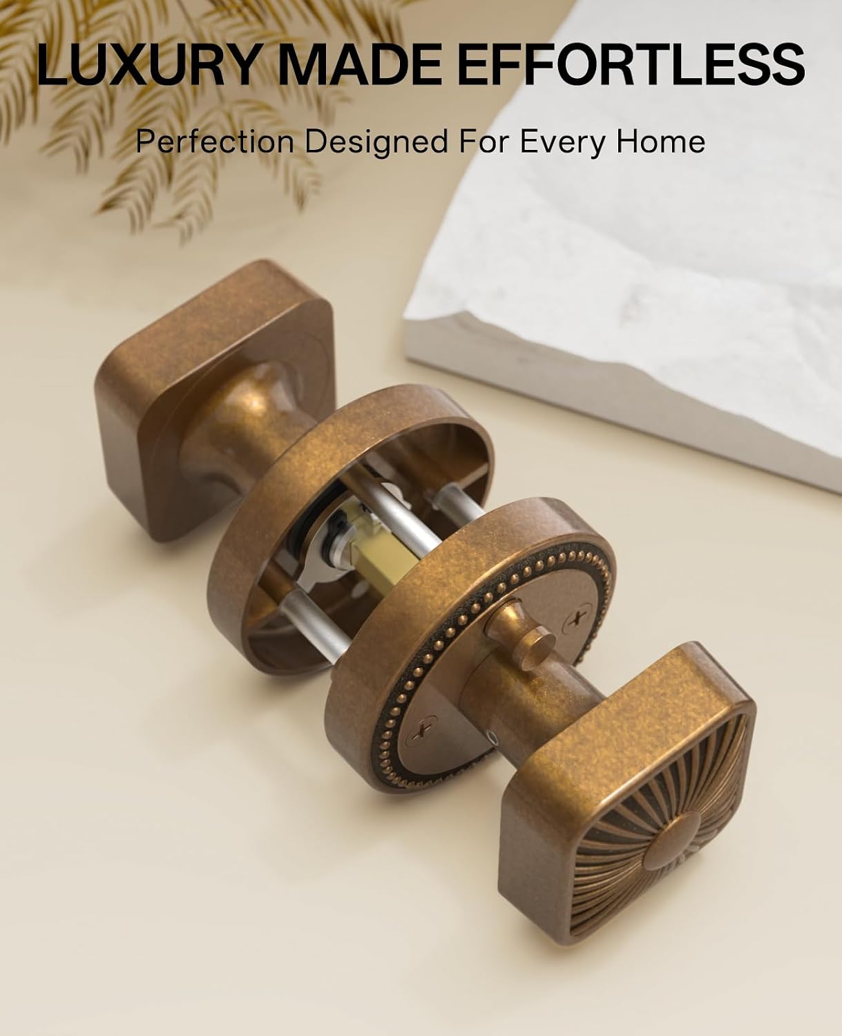 Amerdeco 4 Pack Antique Brass Door Knobs Privacy Interior Door Knob with Lock,Door Knob for Bedroom, Bathroom AM0024