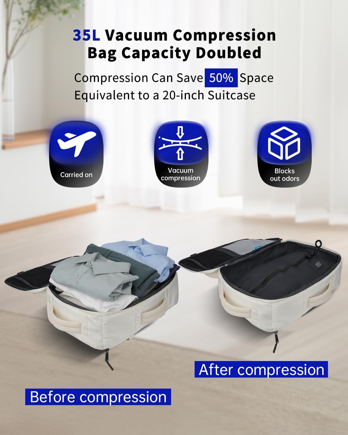 SWICKY Vacuum Seal Travel Backpack for Men Women, Carry-On Flight Approved Laptop Backpack 30L with Compression System,Water-Resistant Space-Saving Vacpack Backpack(White)-Vacuum Pump Included