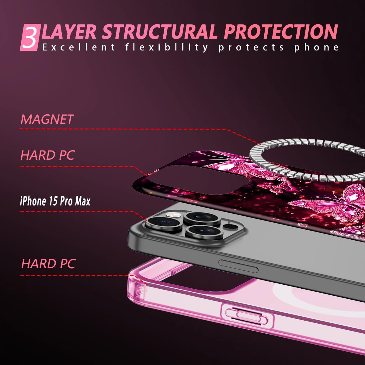 Hekodonk for iPhone 15 Pro Max Case,Compatible with MagSafe,Glow in The Dark Full Body Rugged Protection Slim Shockproof Glossy Stylish Women Girls Case for iPhone 15 Pro Max 6.7 inch,Hot Pink - Image 4