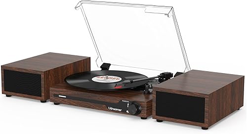 Reproductor de discos de vinilo con altavoces externos BT 5.3 tocadiscos inalámbrico portátil con 3 velocidades USB vintage madera café